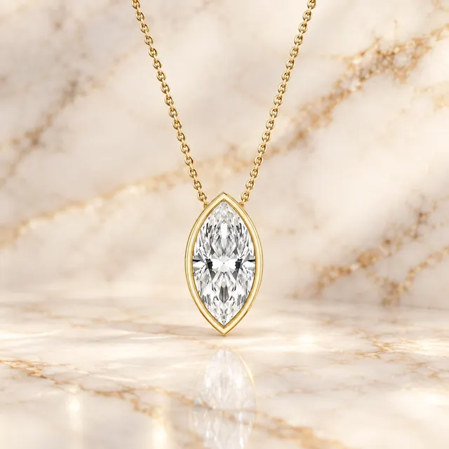 Marquise Lab Grown Diamond Pendant Necklace Bezel Solitaire 14K Yellow Gold IGI Certified 2ct