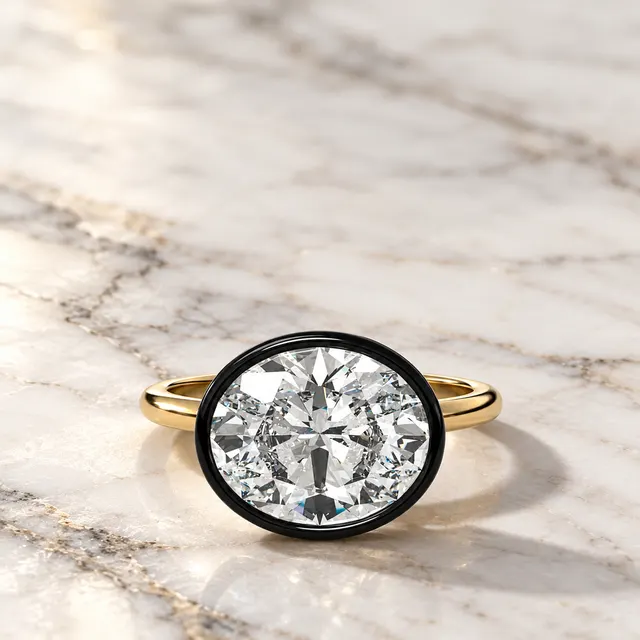 East West Oval Lab Grown Diamond Engagement Ring Blackened Bezel 14K Yellow Gold Solitaire Setting
