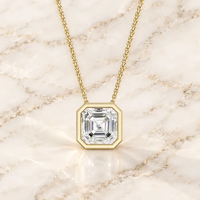 Asscher Lab Grown Diamond Pendant Necklace Bezel Solitaire 14K Gold IGI Certified E VVS2