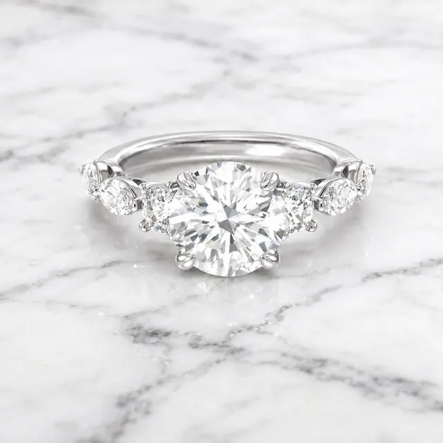 Round Lab Grown Diamond Engagement Ring  Side Stone 14K White Gold E VVS2 4.2 Carat, IGI Certified