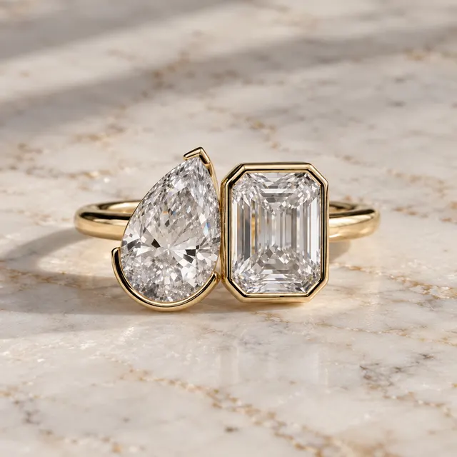 Pear & Emerald Cut Lab Grown Diamond Engagement Ring Toi et Moi 14K Yellow Gold Bezel Cathedral Setting