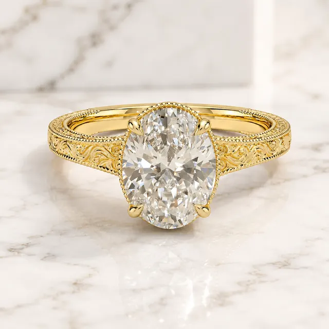 Oval Lab Grown Diamond Engagement Ring Four Prong Solitaire 14K Yellow Gold Hand-Engraved Milgrain Band