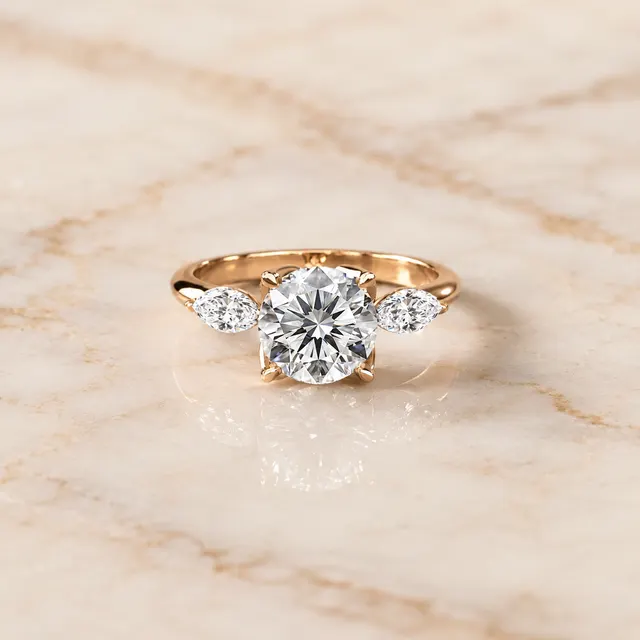 Round Lab Grown Diamond Engagement Ring Three Stone 14K Rose Gold – Floral Prong Setting