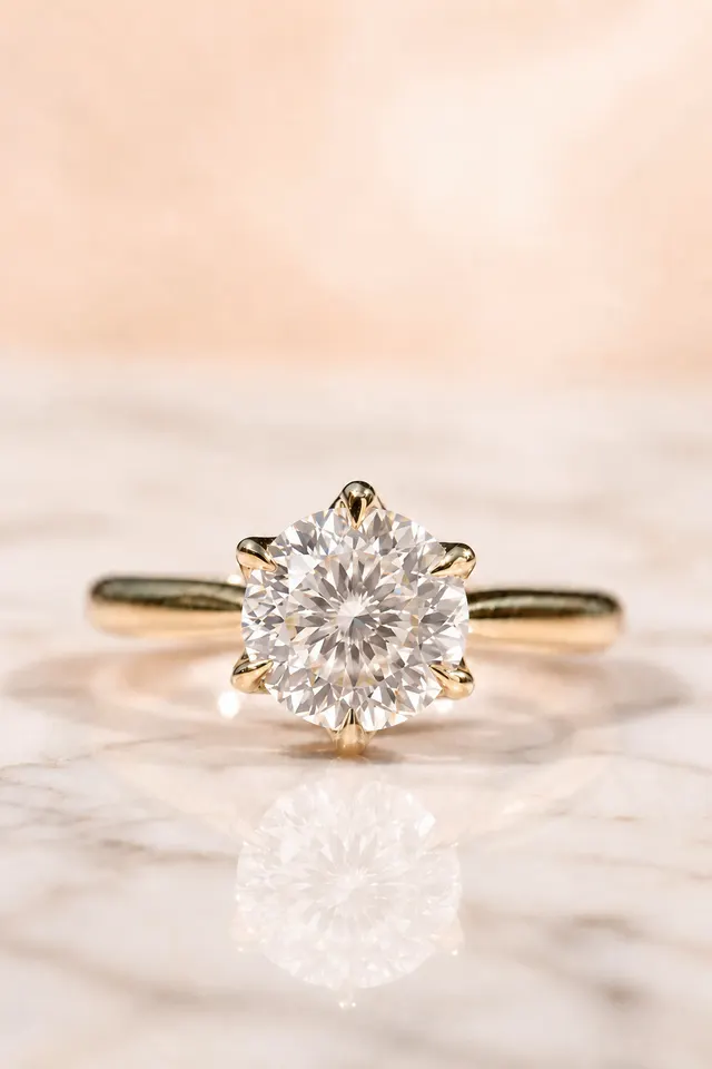 Round Portuguese Cut Lab Grown Diamond Engagement Ring  Floral Petal Prong Solitaire 14K Gold – 161 Facet Cathedral Setting