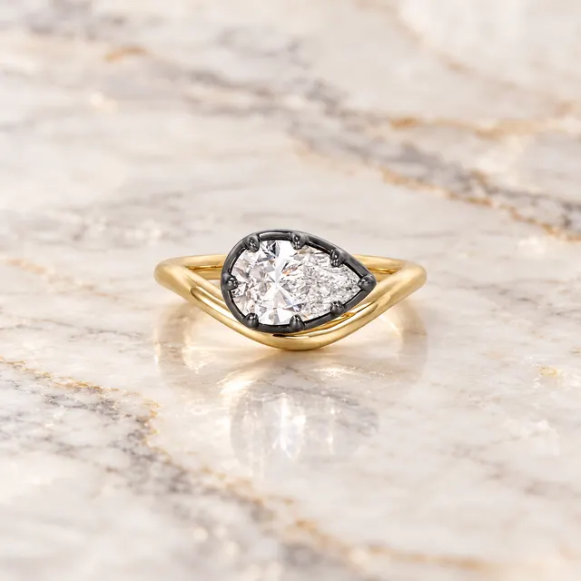 Pear Lab Grown Diamond Pinky Ring Black Gold Bezel-Prong 14K Yellow Gold IGI Certified E VVS2