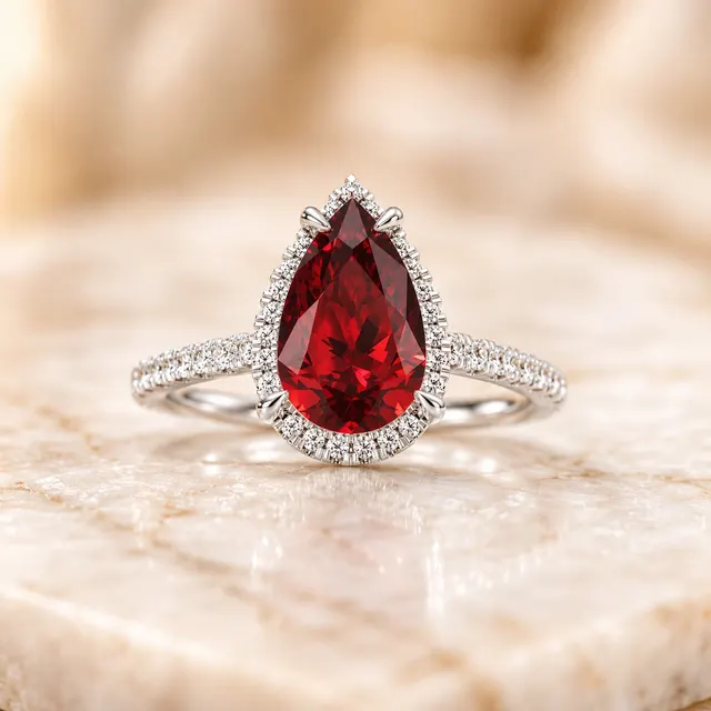Pear Lab Grown Ruby Engagement Ring Diamond Halo Platinum 2.5 Carat Pavé Band