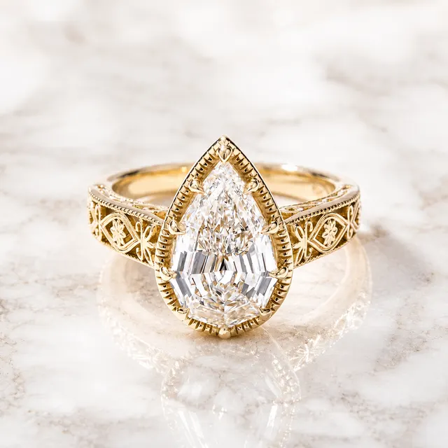 Pear Step Cut Lab Grown Diamond Engagement Ring Vintage Milgrain 14K Yellow Gold IGI Certified 2.84 Carat