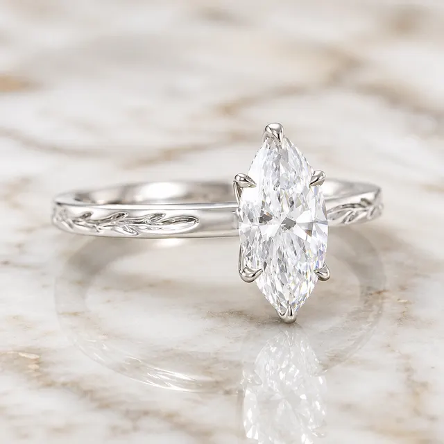 Marquise Lab Grown Diamond Engagement Ring Six Prong Solitaire 14K White Gold Engraved Leaf Band, E VVS2 - alternate view