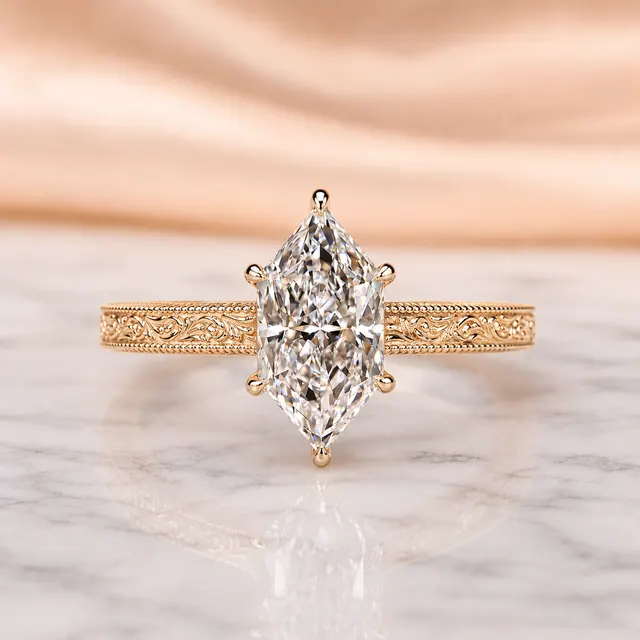 Dutch Marquise Lab Grown Diamond Engagement Ring Vintage Etched Solitaire 14K Gold IGI Certified 3 Carat E VVS2