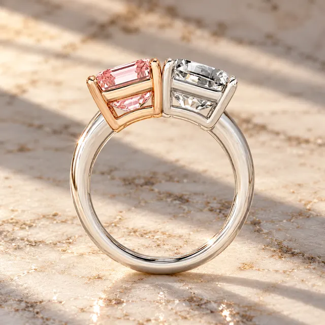 Asscher Cut Lab Grown Diamond Engagement Ring Pink & White Two Stone 14K Two-Tone Gold IGI Certified Toi et Moi - alternate view