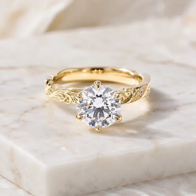 Round Lab Grown Diamond Engagement Ring Vintage Scroll Six-Prong 14K Yellow Gold IGI Certified 2ct E VVS2