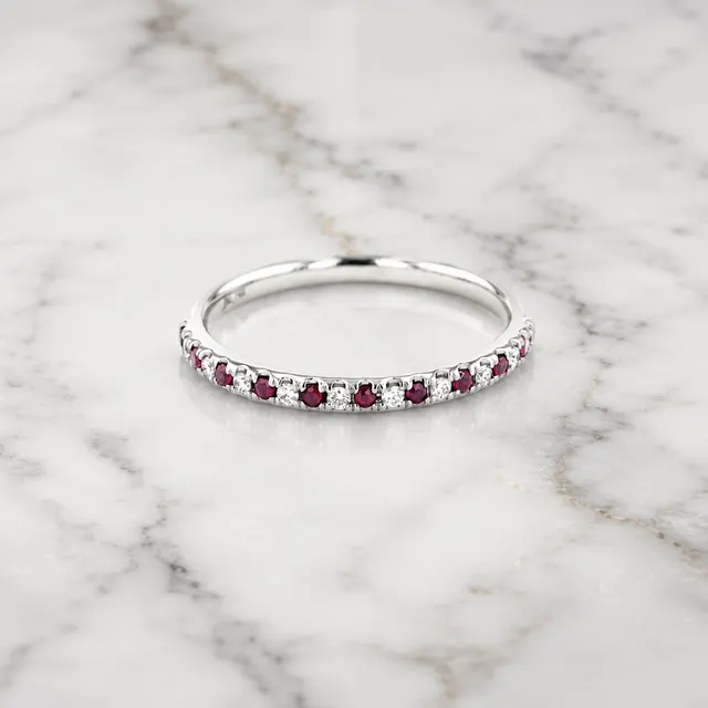 Round Lab Grown Diamond & Ruby Wedding Band Pave 14K White Gold 2.2mm Stackable Ring
