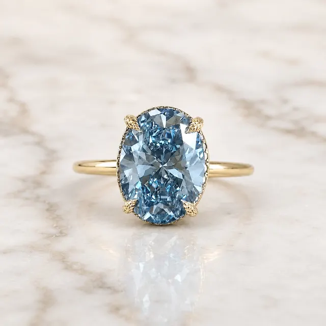 Blue Oval Lab Grown Diamond Engagement Ring Hidden Halo 14K White Gold 2 Carat VVS2 Fancy Color