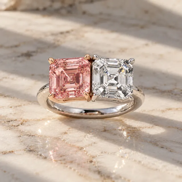 Asscher Cut Lab Grown Diamond Engagement Ring Pink & White Two Stone 14K Two-Tone Gold IGI Certified Toi et Moi