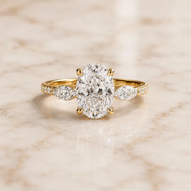 Oval Lab Grown Diamond Engagement Ring  Marquise Side Stone Pavé 14K Yellow Gold IGI Certified 2ct