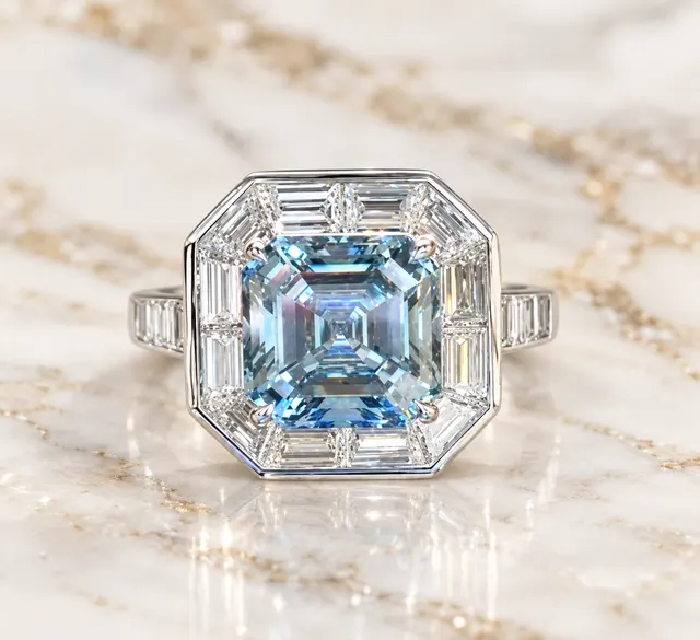 Blue Asscher Cut Lab Grown Diamond Engagement Ring Baguette Halo 14K White Gold Vintage-Inspired Setting