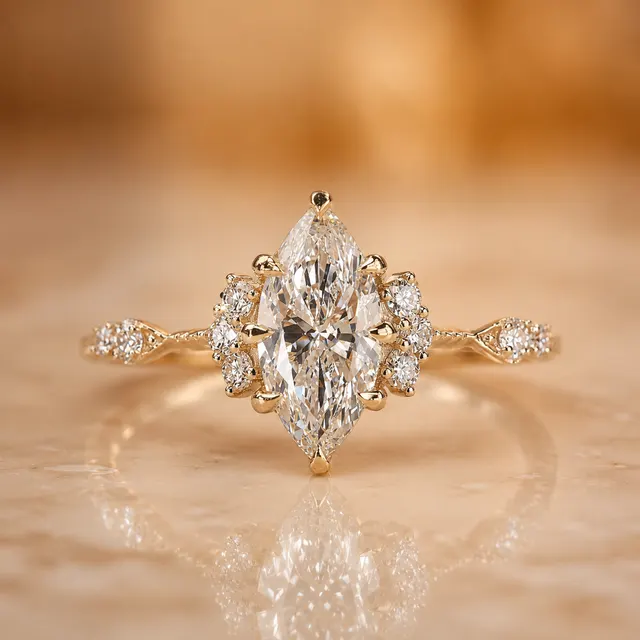Marquise Lab Grown Diamond Engagement Ring  Vintage Halo Milgrain 14K Gold  IGI Certified 1 Carat E VVS2