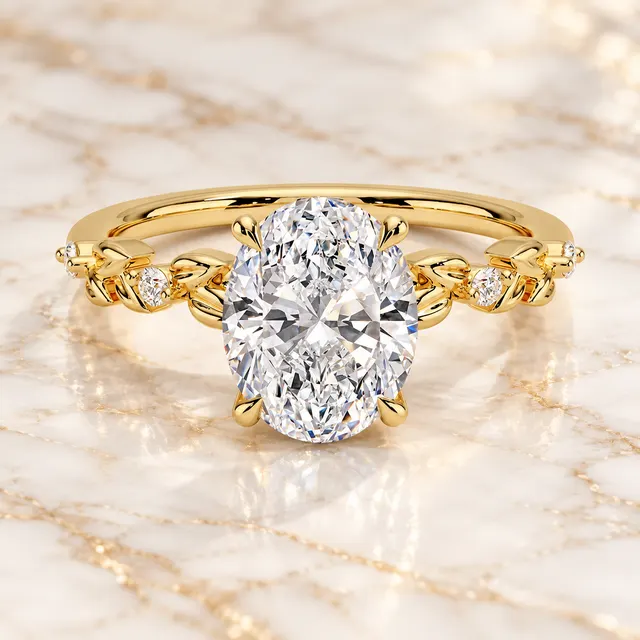 Oval Lab Grown Diamond Engagement Ring Nature Inspired 14K Yellow Gold Four Prong Accented Band