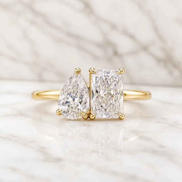Pear & Radiant Lab Grown Diamond Toi et Moi Engagement Ring Two Stone 14K Yellow Gold Claw Prong, IGI Certified