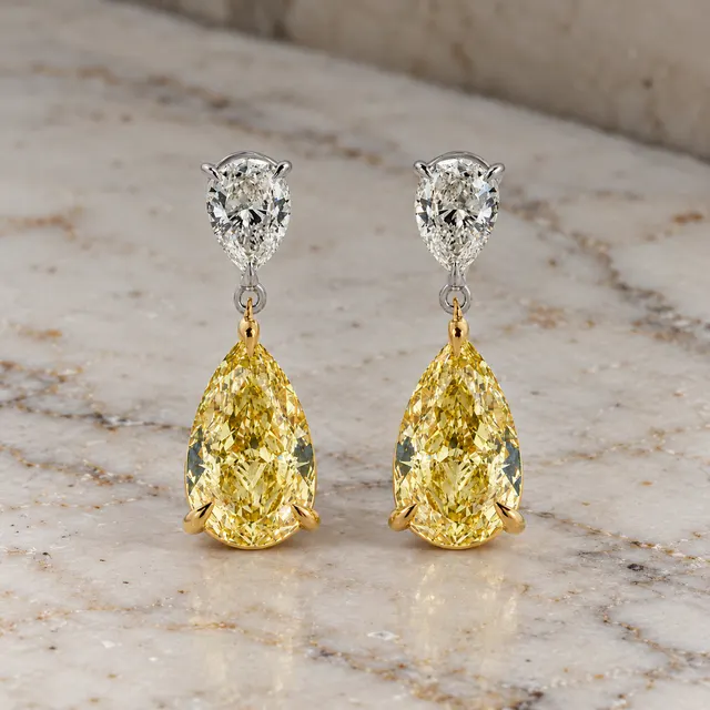 Fancy Yellow Pear Lab Grown Diamond Drop Earrings Two Stone 14K Two-Tone Gold Dangle Earrings