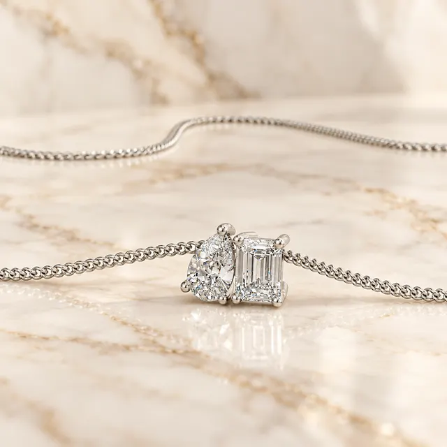 Toi et Moi Lab Diamond Pendant: Pear & Emerald Cut, 14K White Gold Necklace