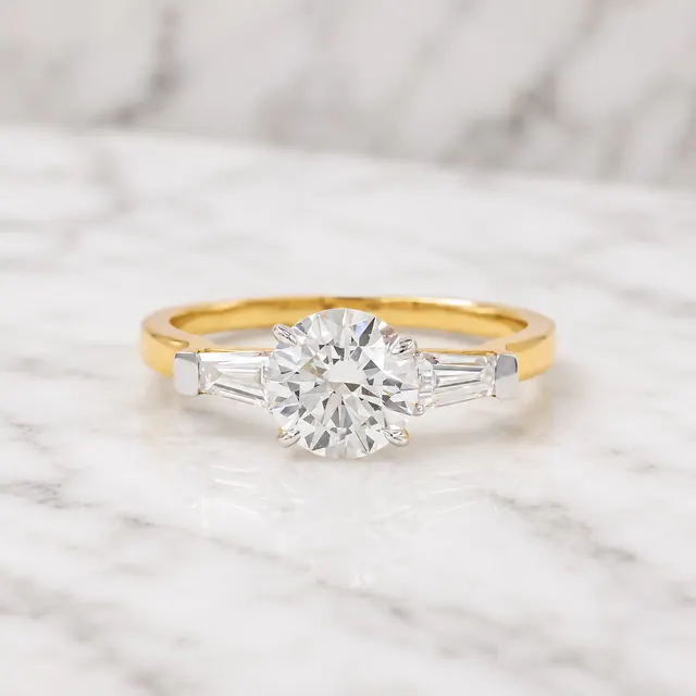 Round Lab Grown Diamond Engagement Ring Three Stone Tapered Baguette 14K Yellow Gold 1.35ct E/VVS2
