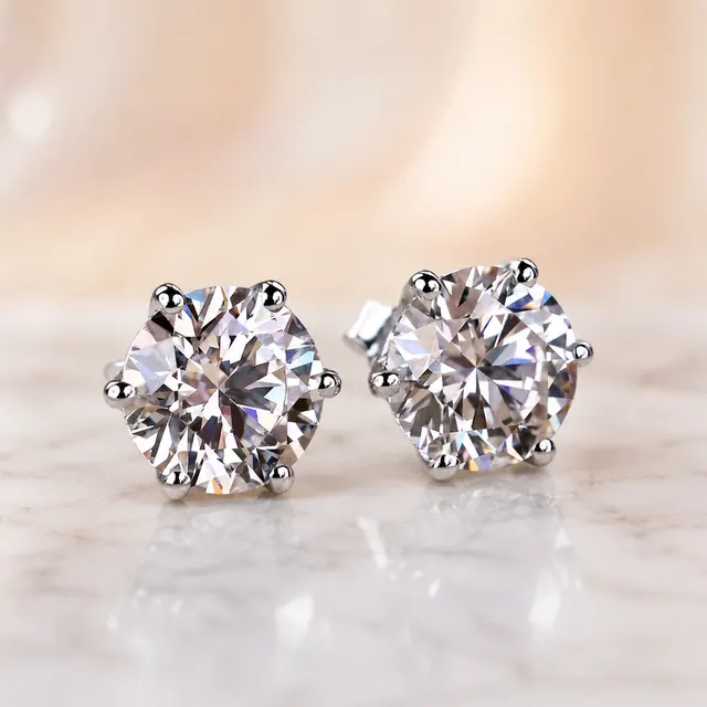 Round Lab Grown Diamond Stud Earrings – Six Prong Solitaire 14K White Gold – IGI Certified 2 Carat - alternate view