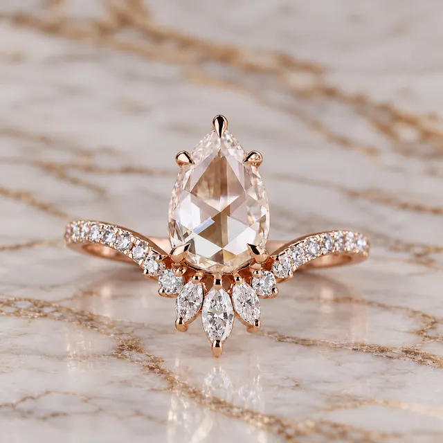 Pear Rose Cut Lab Grown Diamond Engagement Ring Claw Prong 14K Rose Gold IGI Certified