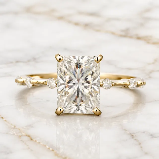 Radiant Cut Lab Grown Diamond Engagement Ring Four Prong 14K Yellow Gold Diamond Accent Band