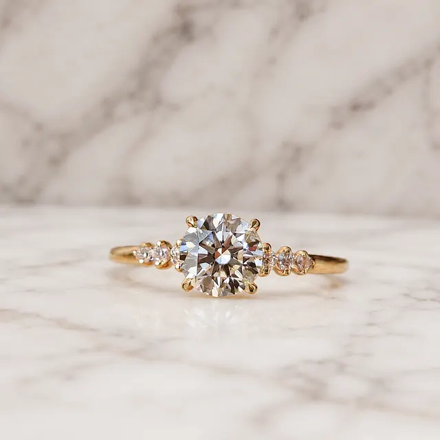 Round Lab Grown Diamond Engagement Ring Seven Stone 14K Yellow Gold IGI Certified 1 Carat