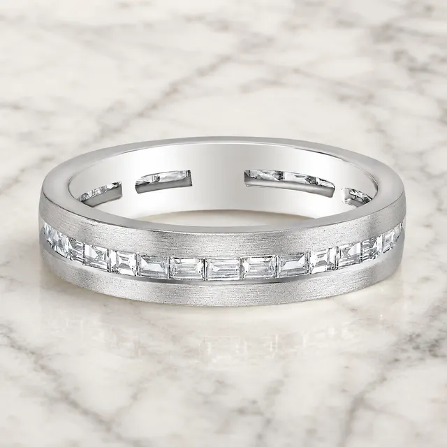 Baguette Lab Grown Diamond Wedding Band – Channel Set 14K White Gold – Brushed Finish Anniversary Ring