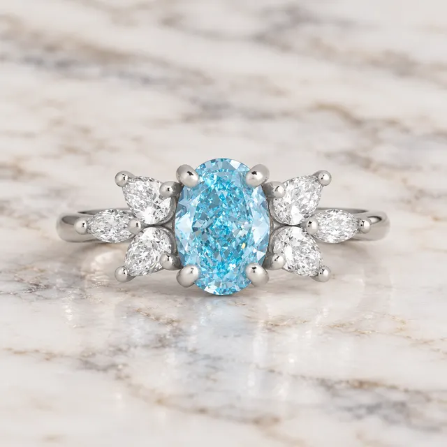 Blue Oval Lab Grown Diamond Floral Ring Four-Prong Petal Halo Platinum 950 VVS2