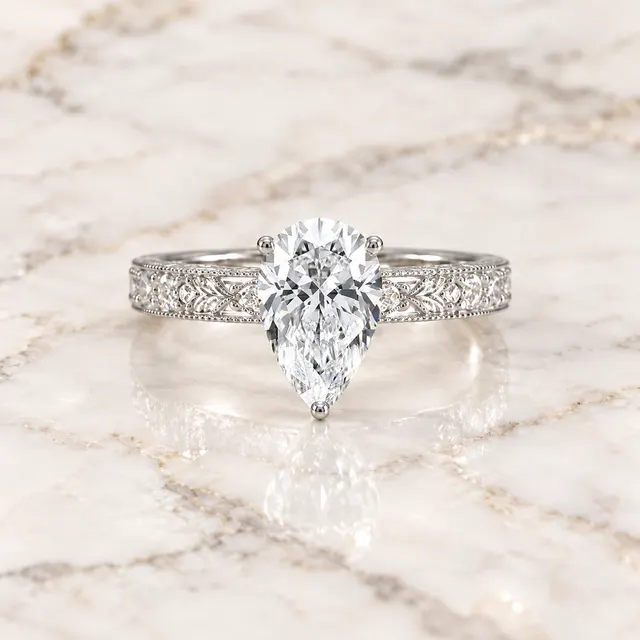 Vintage Lab Grown Diamond Engagement Ring Engraved 14K White Gold E VVS2, IGI Certified