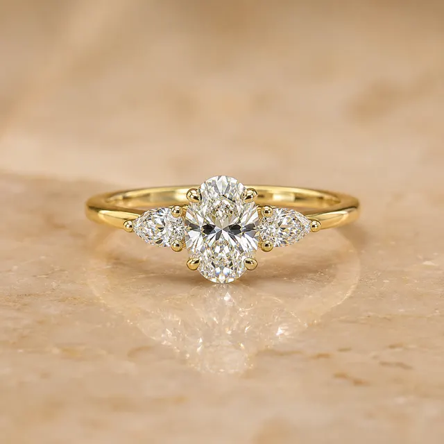 Oval Lab Grown Diamond Engagement Ring Three Stone 14K Yellow Gold IGI Certified E VVS2