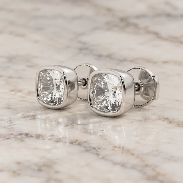 Cushion Lab Grown Diamond Stud Earrings Bezel Solitaire Platinum IGI Certified E VVS2 - alternate view