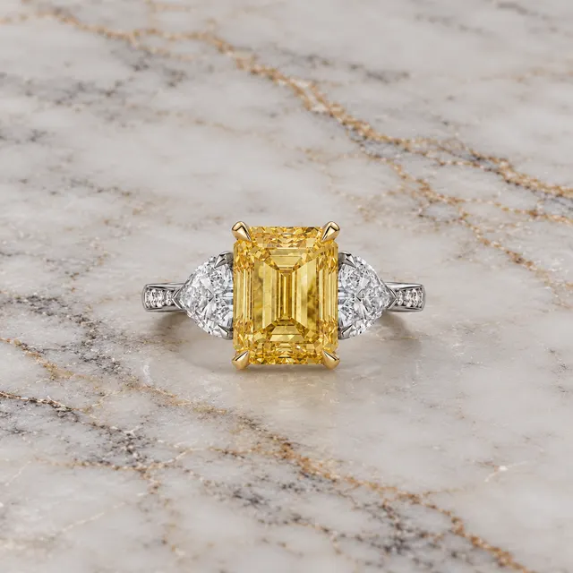 Yellow Lab Grown Diamond Engagement Ring Emerald Cut Three Stone Platinum IGI Certified Fancy Yellow