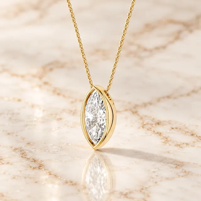 Marquise Lab Grown Diamond Pendant Necklace Bezel Solitaire 14K Yellow Gold IGI Certified 2ct - alternate view