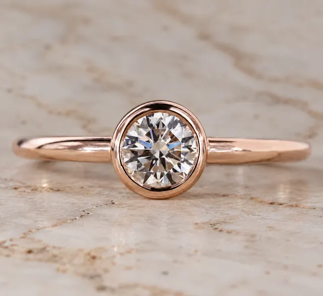 Round Lab Grown Diamond Engagement Ring Bezel Solitaire 14K Rose Gold IGI Certified E VVS2