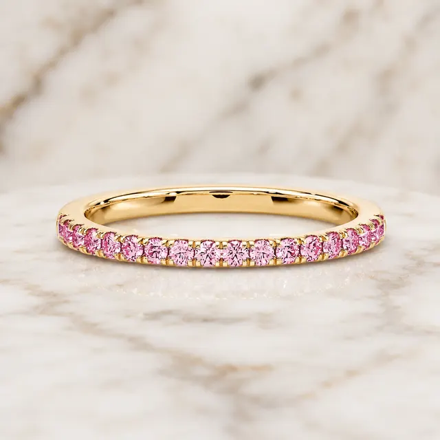 Pink Round Lab Grown Diamond Wedding Band Pave 14K Yellow Gold Stackable Ring for Her