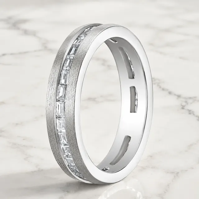 Baguette Lab Grown Diamond Wedding Band – Channel Set 14K White Gold – Brushed Finish Anniversary Ring - alternate view