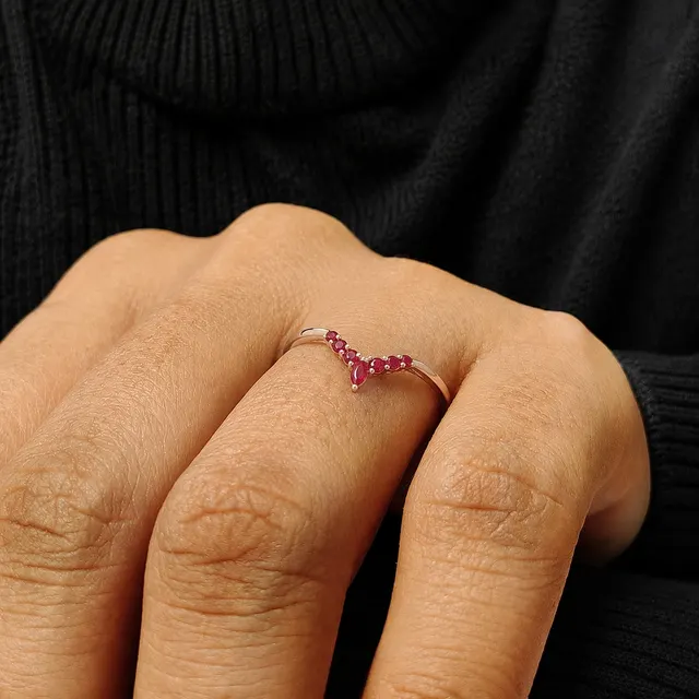 Ruby Wedding Band Marquise & Round Curved 14K Gold Stacking Ring for Women