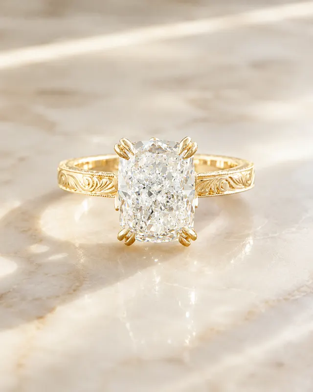 Cushion Lab Grown Diamond Engagement Ring Vintage Solitaire 14K Yellow Gold – Hand-Engraved Floral Band