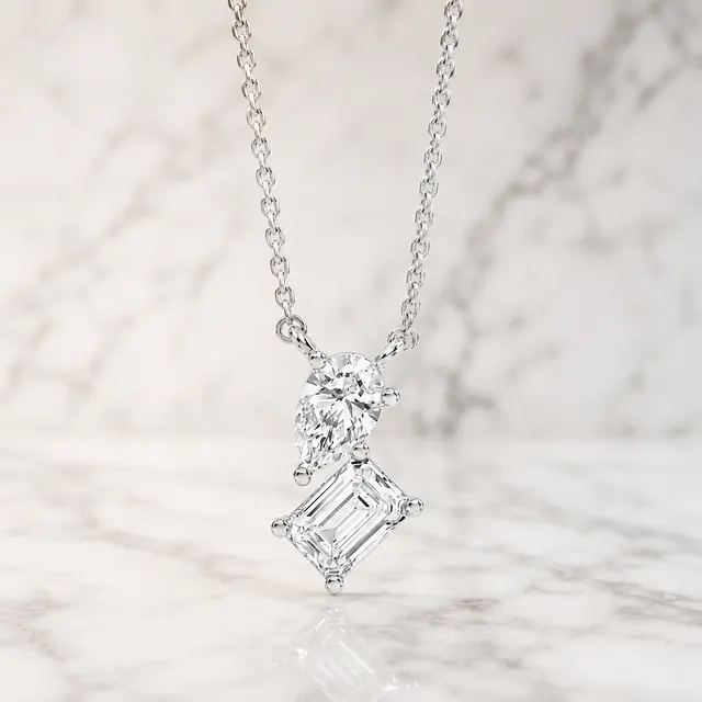 Emerald & Pear Lab Grown Diamond Pendant Necklace Two Stone 14K White Gold  E VVS2 1ct