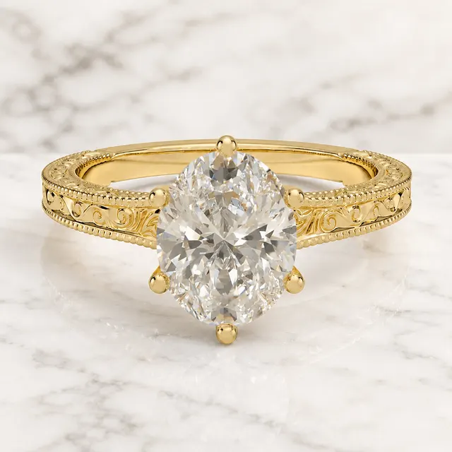 Oval Lab Grown Diamond Engagement Ring Vintage Solitaire 14K Yellow Gold Hand Engraved Milgrain Band