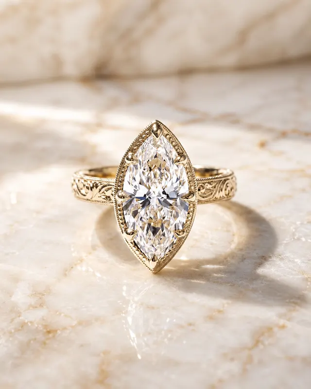 Marquise Lab Grown Diamond Engagement Ring Hand-Engraved Vintage Solitaire 14K Yellow Gold IGI Certified 