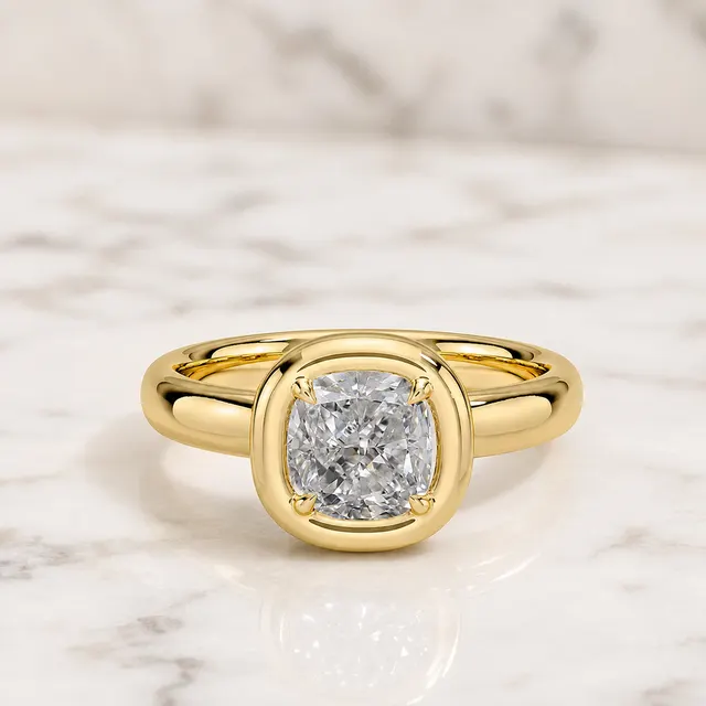 Cushion Lab Grown Diamond Engagement Ring Bezel Solitaire 14K Yellow Gold Corner Prong Setting
