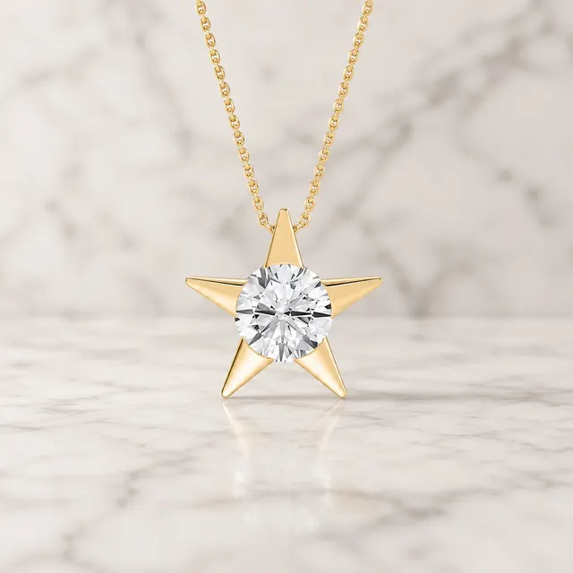Round Lab Grown Diamond Star Pendant Necklace Bezel 14K Yellow Gold IGI Certified 2ct