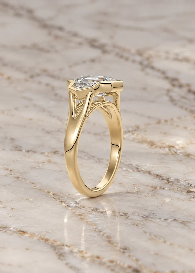 Emerald Cut Lab Grown Diamond Engagement Ring Three Stone Bezel 14K Rose Gold Cadillac Side Stones - alternate view