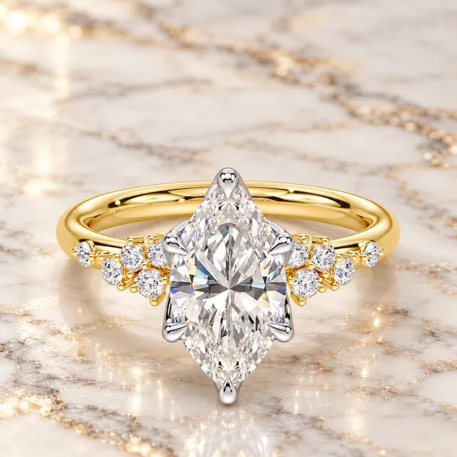 Marquise Lab Grown Diamond Engagement Ring Cluster Two Tone 14K Yellow Gold IGI Certified