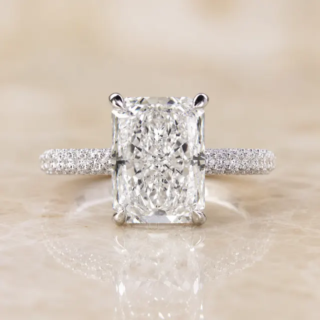 Radiant Lab Grown Diamond Engagement Ring Three-Sided Pavé Platinum IGI Certified 3.20 Carat